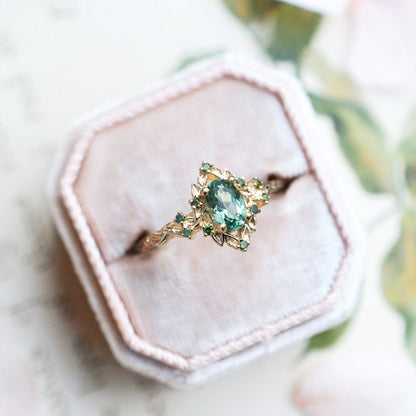 Unique Floral Rose Halo Oval Green Lab Sapphire Ring