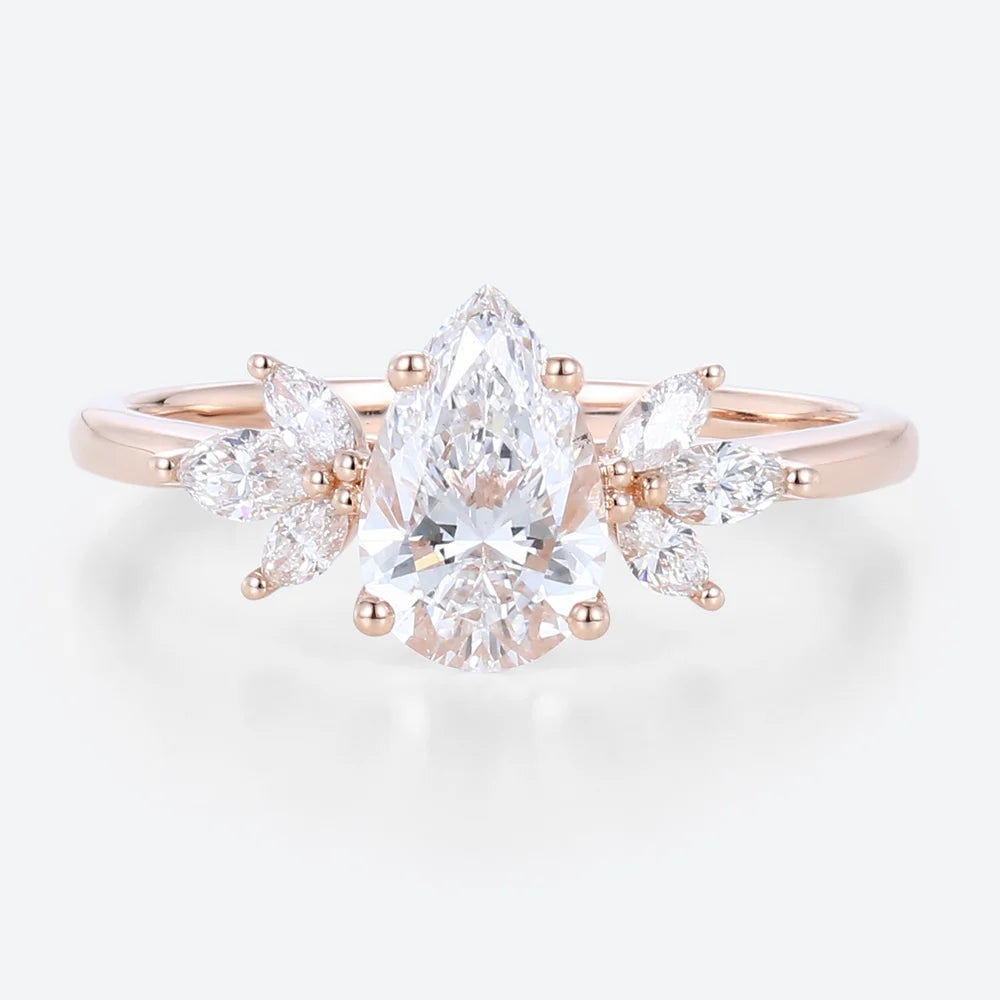 Unique Pear Moissanite Engagement Ring Simple Cluster Bridal Ring
