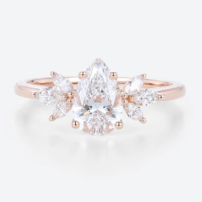 Unique Pear Moissanite Engagement Ring Simple Cluster Bridal Ring