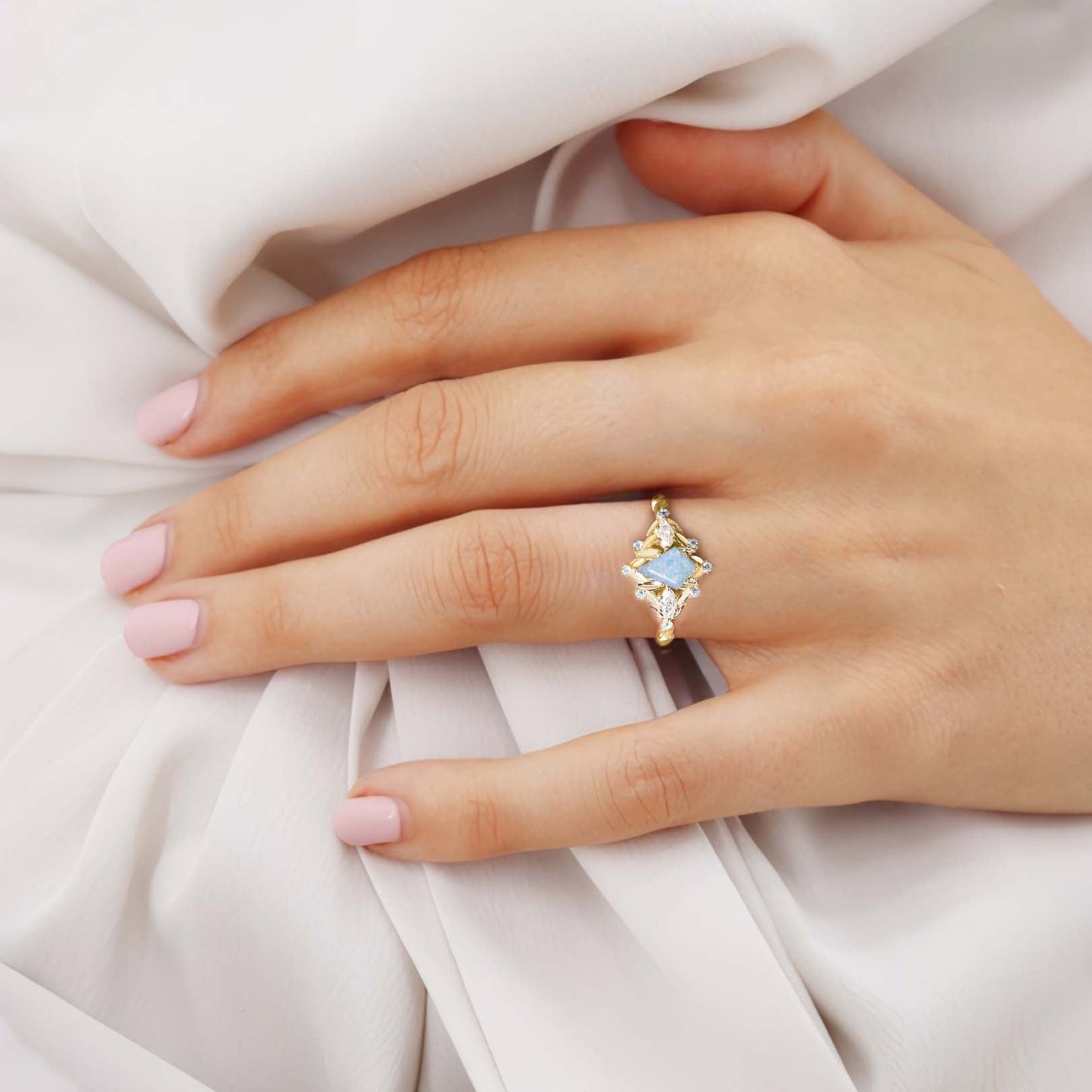 Unique floral engagement rings Kite Lab Opal Engagement Ring Leaf Flower Aquamarine Wedding Ring