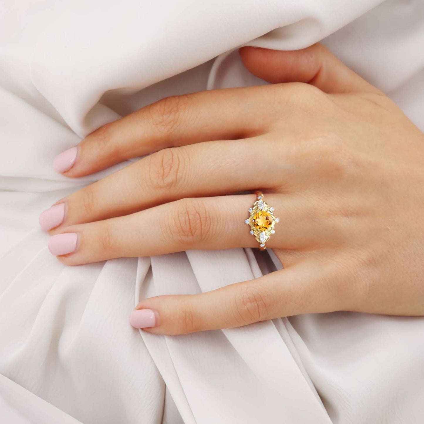 Unique floral engagement rings Round Citrine Flower Engagement Ring Art Deco Leaf Wedding Ring