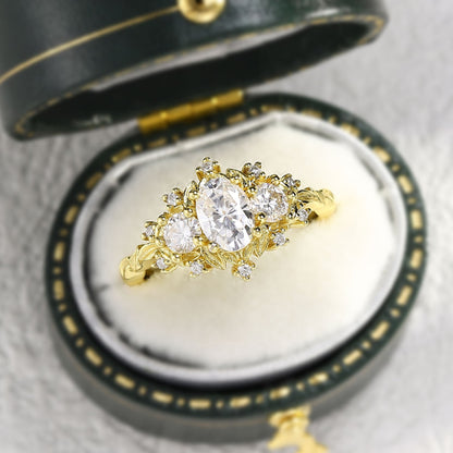 Unique floral engagement rings Briar Rose Three Stone Oval Moissanite Ring