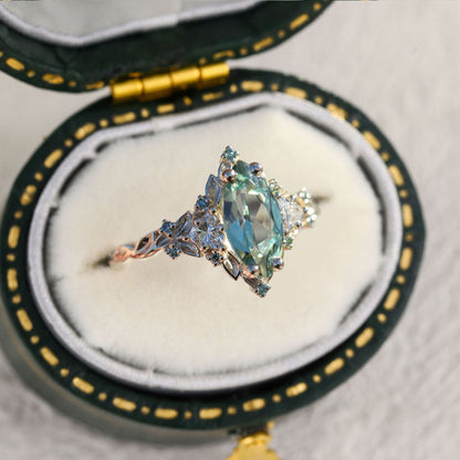 Unique floral engagement rings Rose Three Stone Marquise Green Lab Sapphire and Moissanite Ring