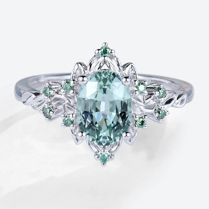 Vintage Briar Rose Oval Green Sapphire Engagement Ring Olive Leaves Ring