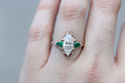 Unique Briar Rose Five Stone Marquise Moissanite and Lab Emerald Ring