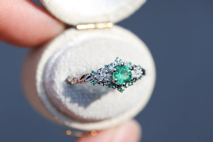 Unique Briar Rose Three Stone Round Lab Emerald Ring