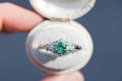 Unique Briar Rose Three Stone Round Lab Emerald Ring