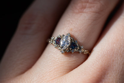 Unique Floral Rose Three Stone Oval Moissanite and Lab Alexandrite Wedding Ring