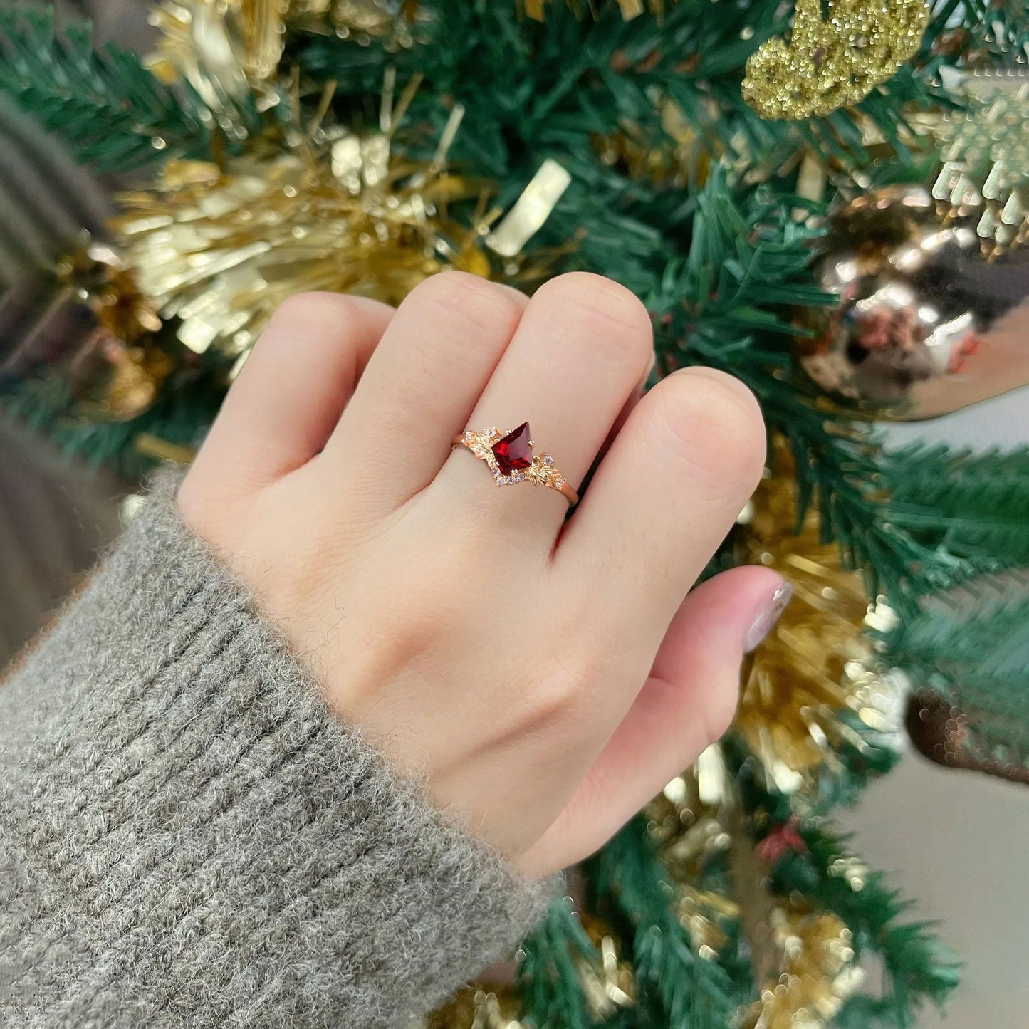 Unique Kite Lab Ruby and Lab Moonstone Cluster Leaf Ring