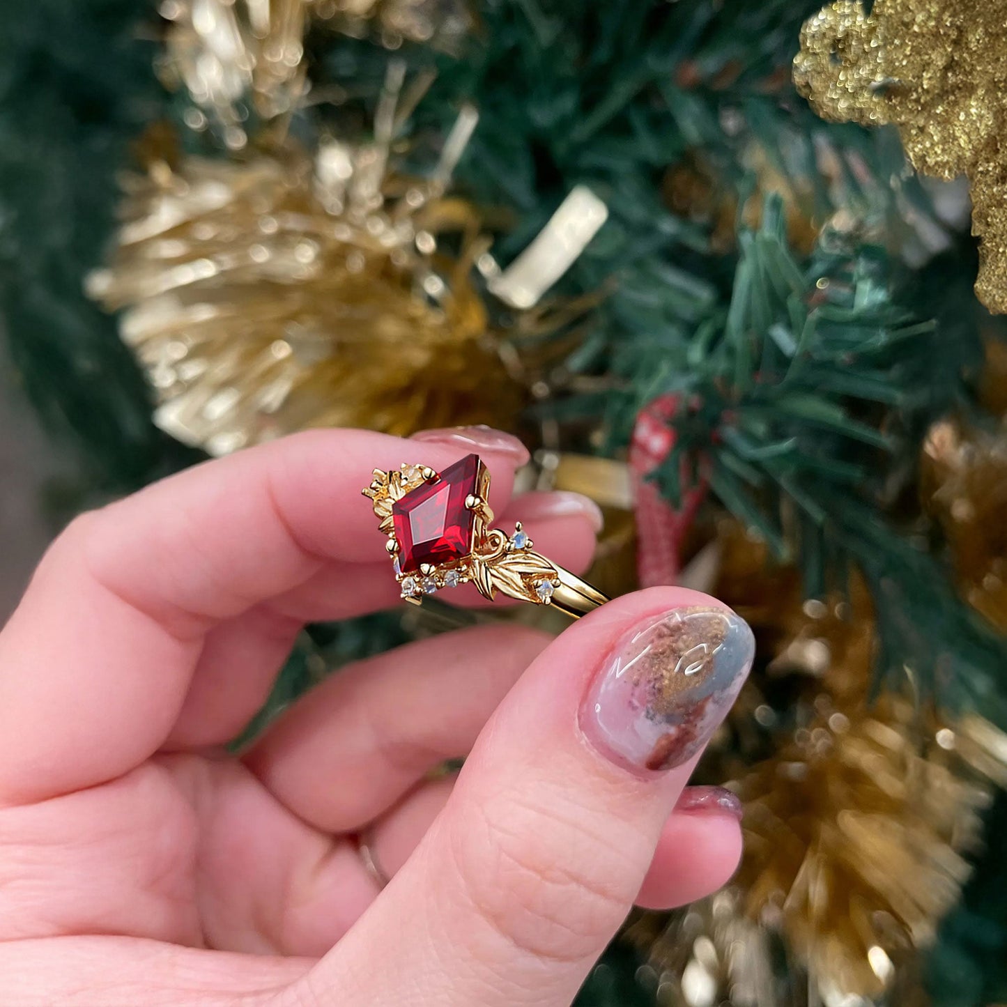Unique Kite Lab Ruby and Lab Moonstone Cluster Leaf Ring