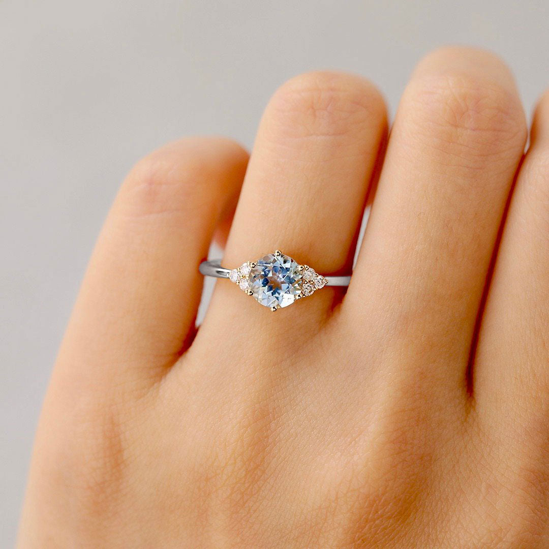 Unique Round Lab Aquamarine Engagement Rings Cluster Promise Ring