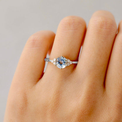 Unique Round Lab Aquamarine Engagement Rings Cluster Promise Ring