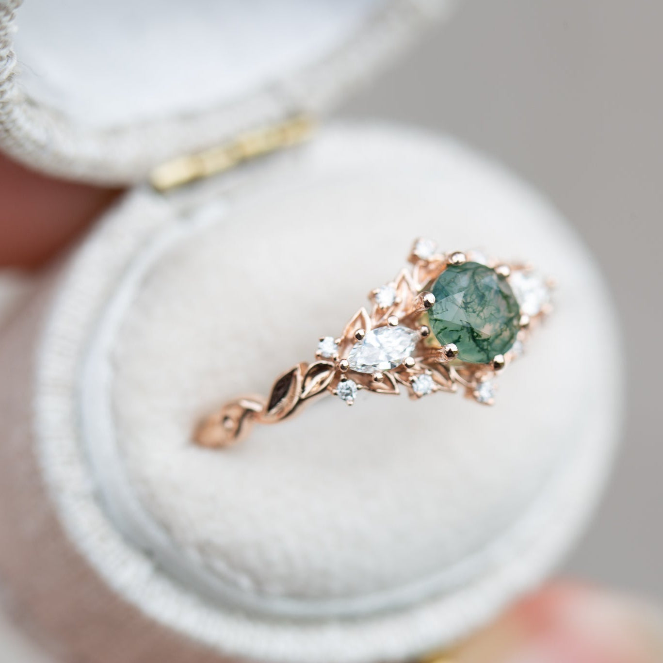 Unique Briar Rose Round Moss Agate and Moissanite Ring