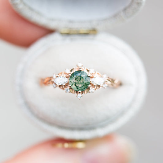 Unique Briar Rose Round Moss Agate and Moissanite Ring