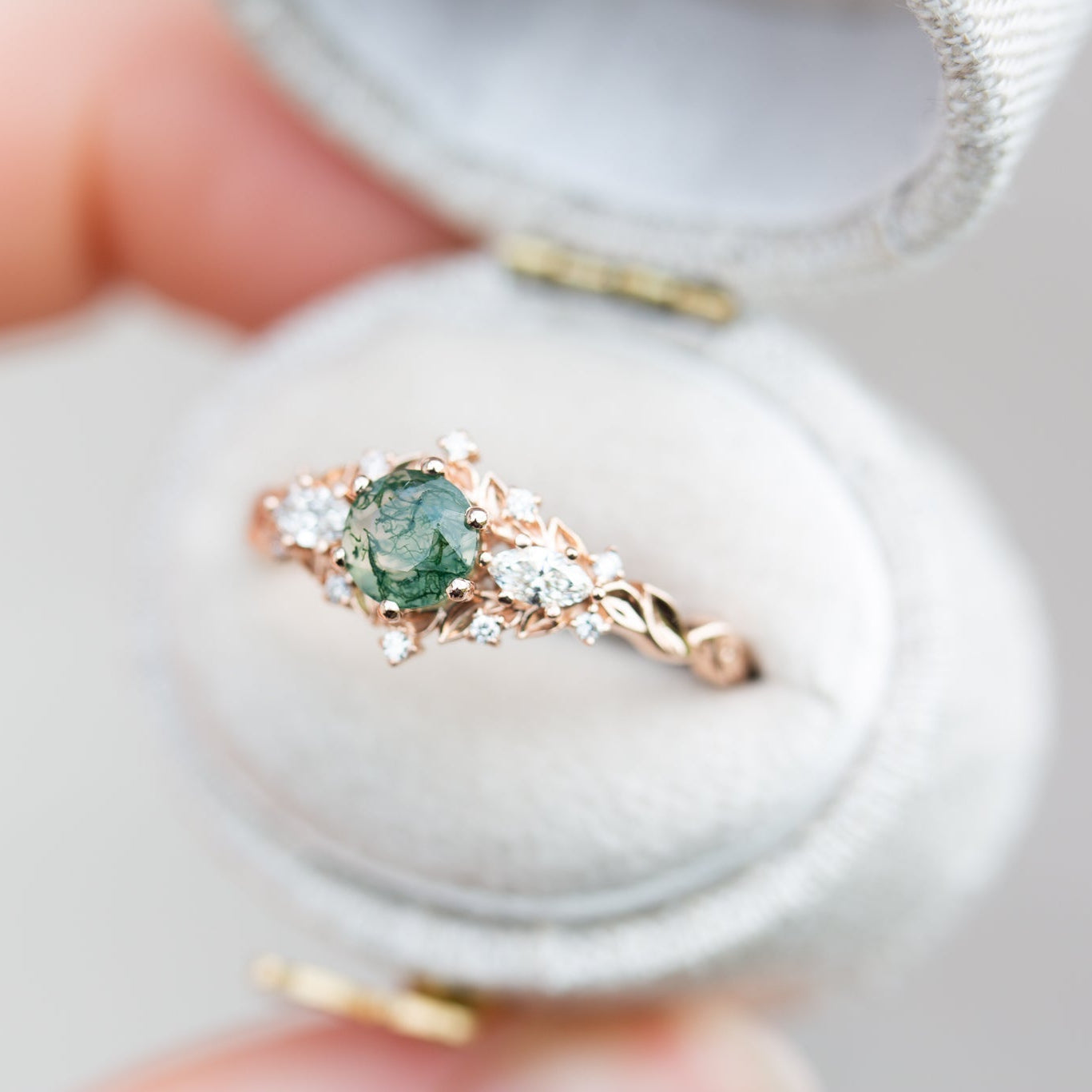 Unique Briar Rose Round Moss Agate and Moissanite Ring