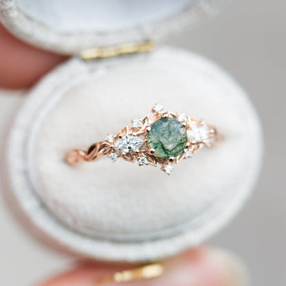 Unique Briar Rose Round Moss Agate and Moissanite Ring