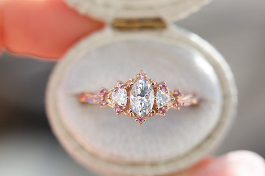 Unique Briar Rose Three Stone Oval Moissanite and Pink Sapphire Ring