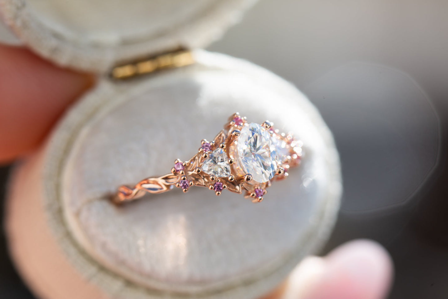Unique Briar Rose Three Stone Oval Moissanite and Pink Sapphire Ring