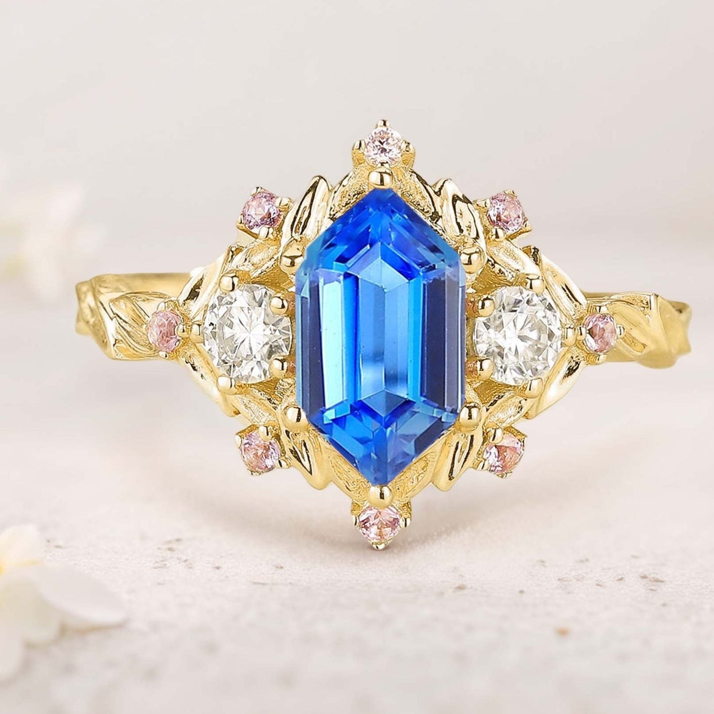 Unique floral engagement rings Long Hexagon Amethyst Cluster Wedding Ring Promise Ring For Women