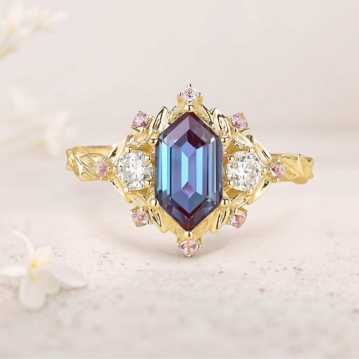 Unique floral engagement rings Long Hexagon Amethyst Cluster Wedding Ring Promise Ring For Women