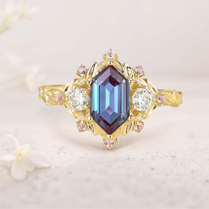 Unique floral engagement rings Long Hexagon Amethyst Cluster Wedding Ring Promise Ring For Women