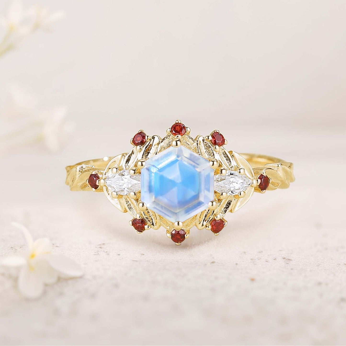 Unique floral engagement rings Hexagon Amethyst Flower Engagement Ring Leaf Wedding Ring For Women