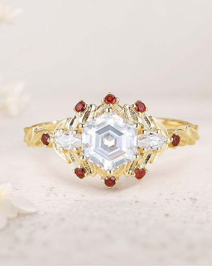 Unique floral engagement rings Hexagon Amethyst Flower Engagement Ring Leaf Wedding Ring For Women