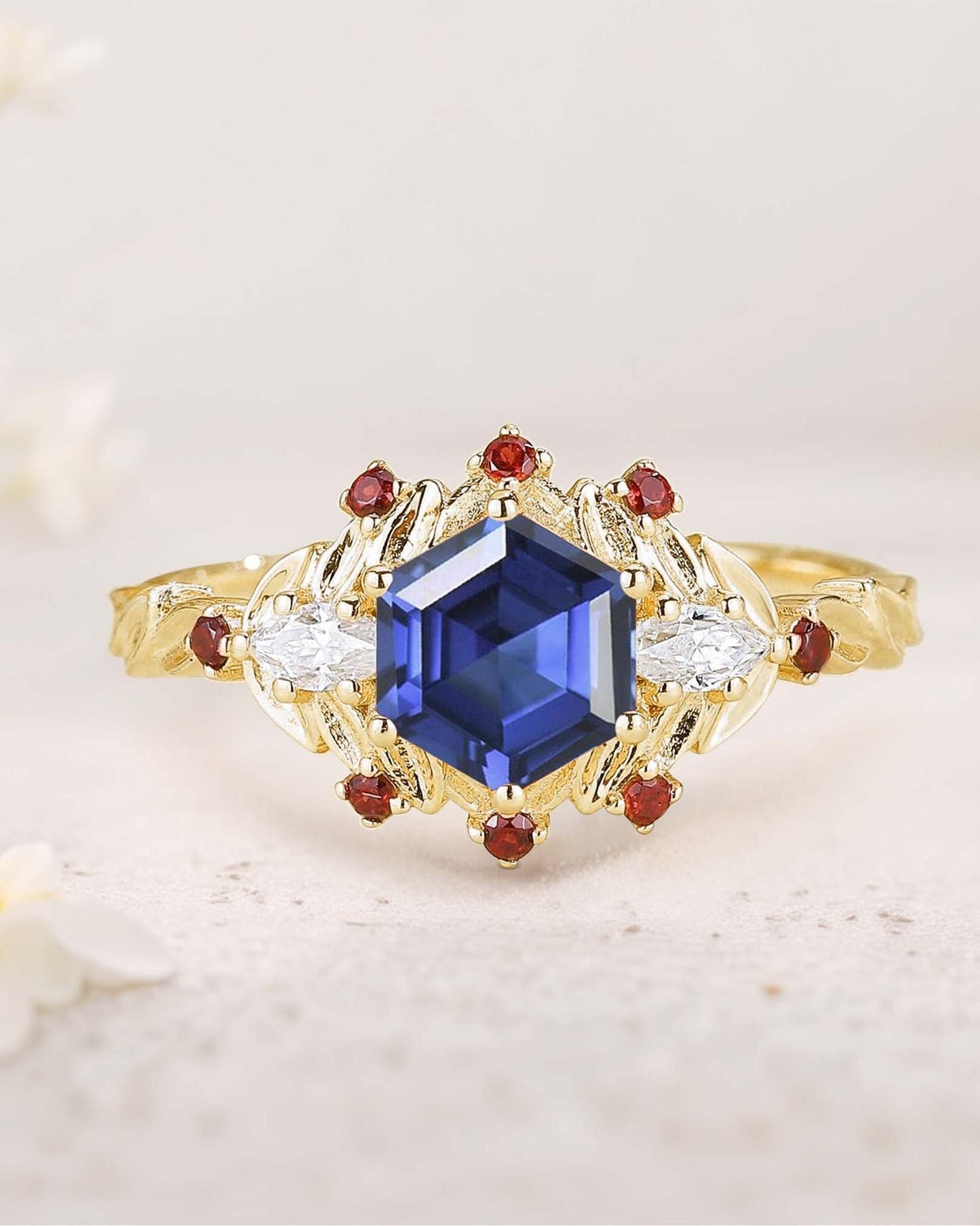 Unique floral engagement rings Hexagon Amethyst Flower Engagement Ring Leaf Wedding Ring For Women