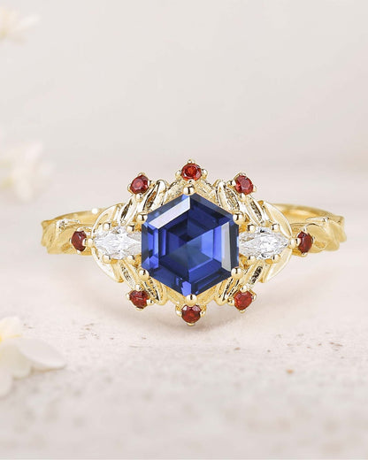 Unique floral engagement rings Hexagon Amethyst Flower Engagement Ring Leaf Wedding Ring For Women