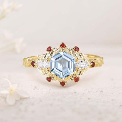 Unique floral engagement rings Hexagon Amethyst Flower Engagement Ring Leaf Wedding Ring For Women