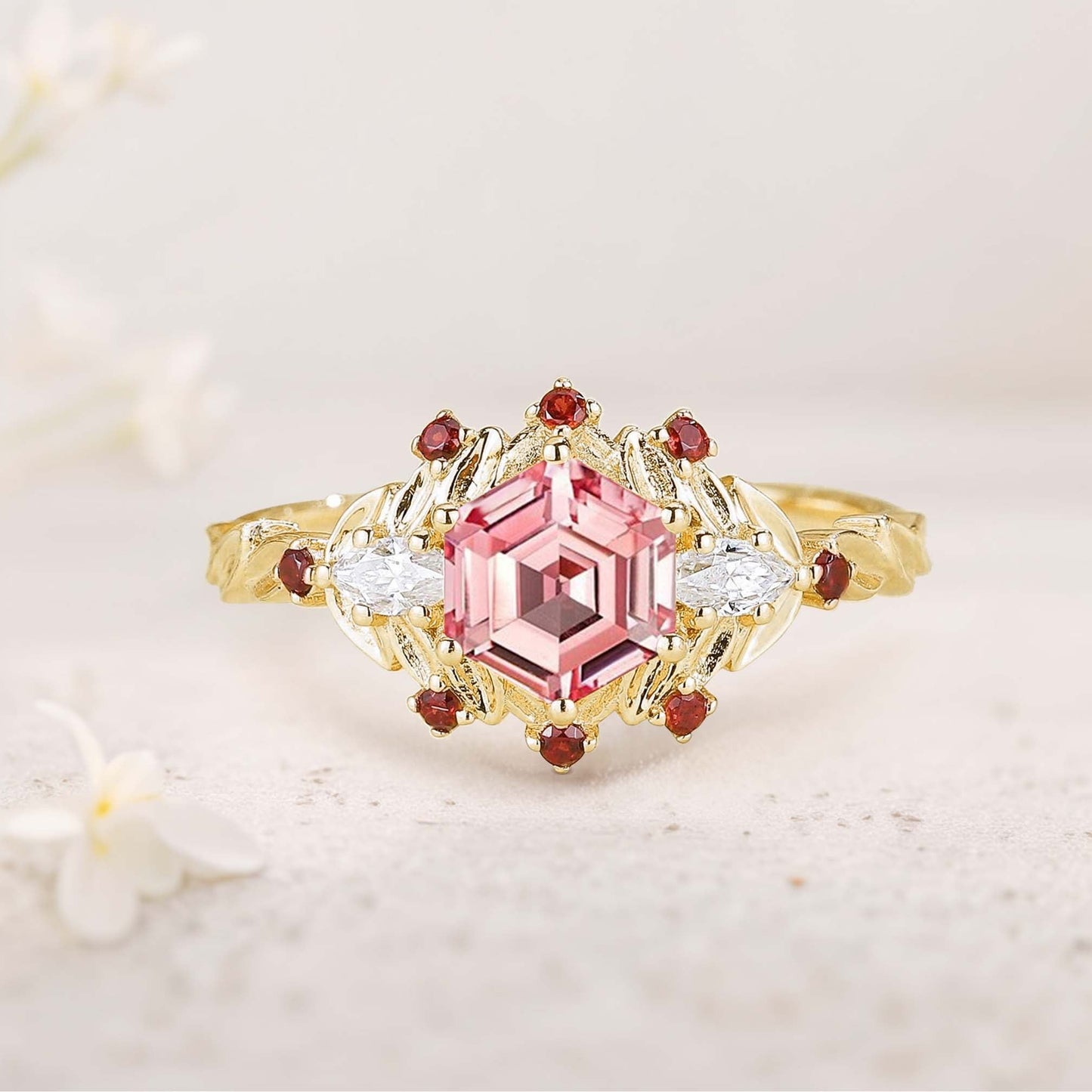 Unique floral engagement rings Hexagon Amethyst Flower Engagement Ring Leaf Wedding Ring For Women