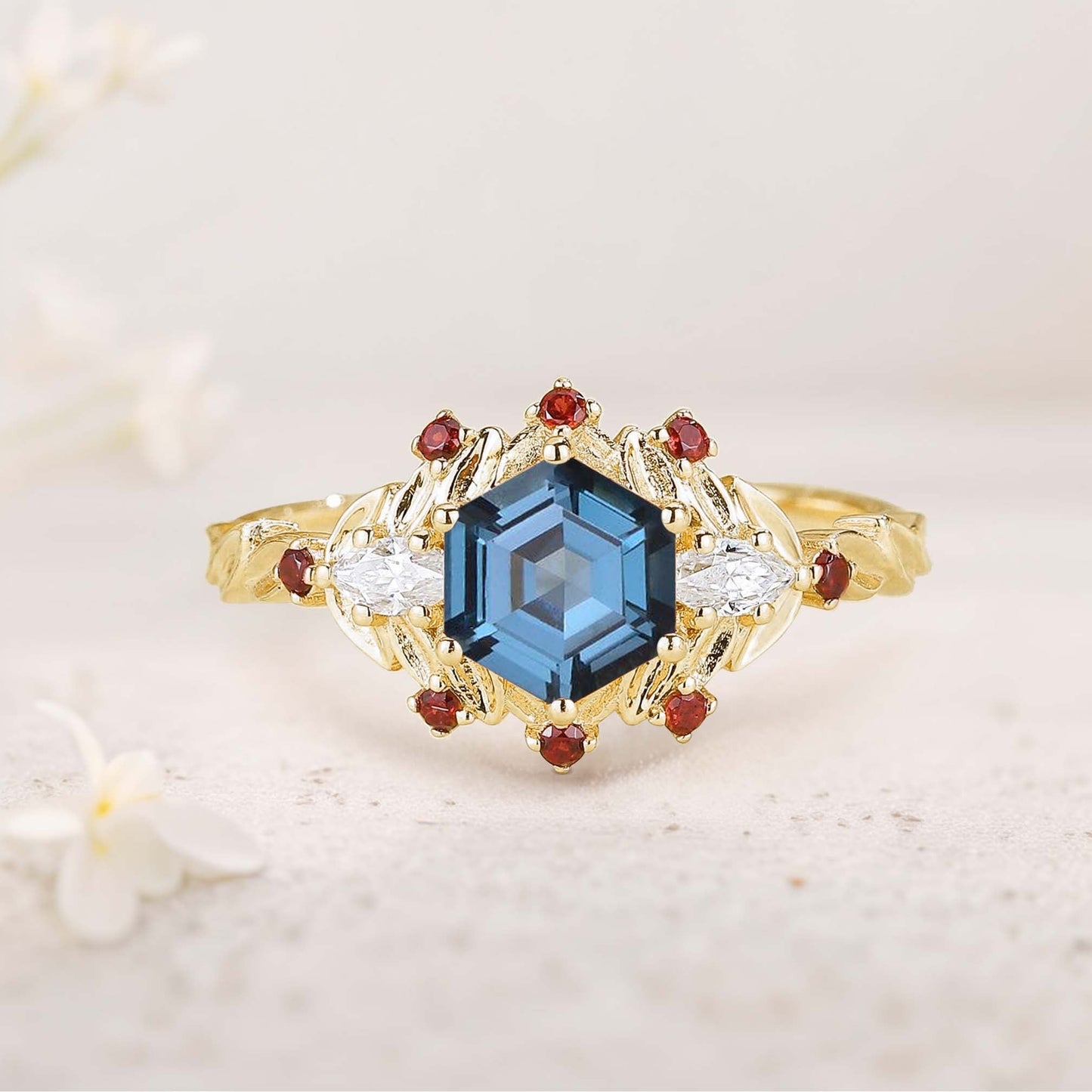 Unique floral engagement rings Hexagon Amethyst Flower Engagement Ring Leaf Wedding Ring For Women