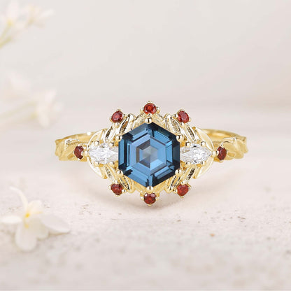 Unique floral engagement rings Hexagon Amethyst Flower Engagement Ring Leaf Wedding Ring For Women