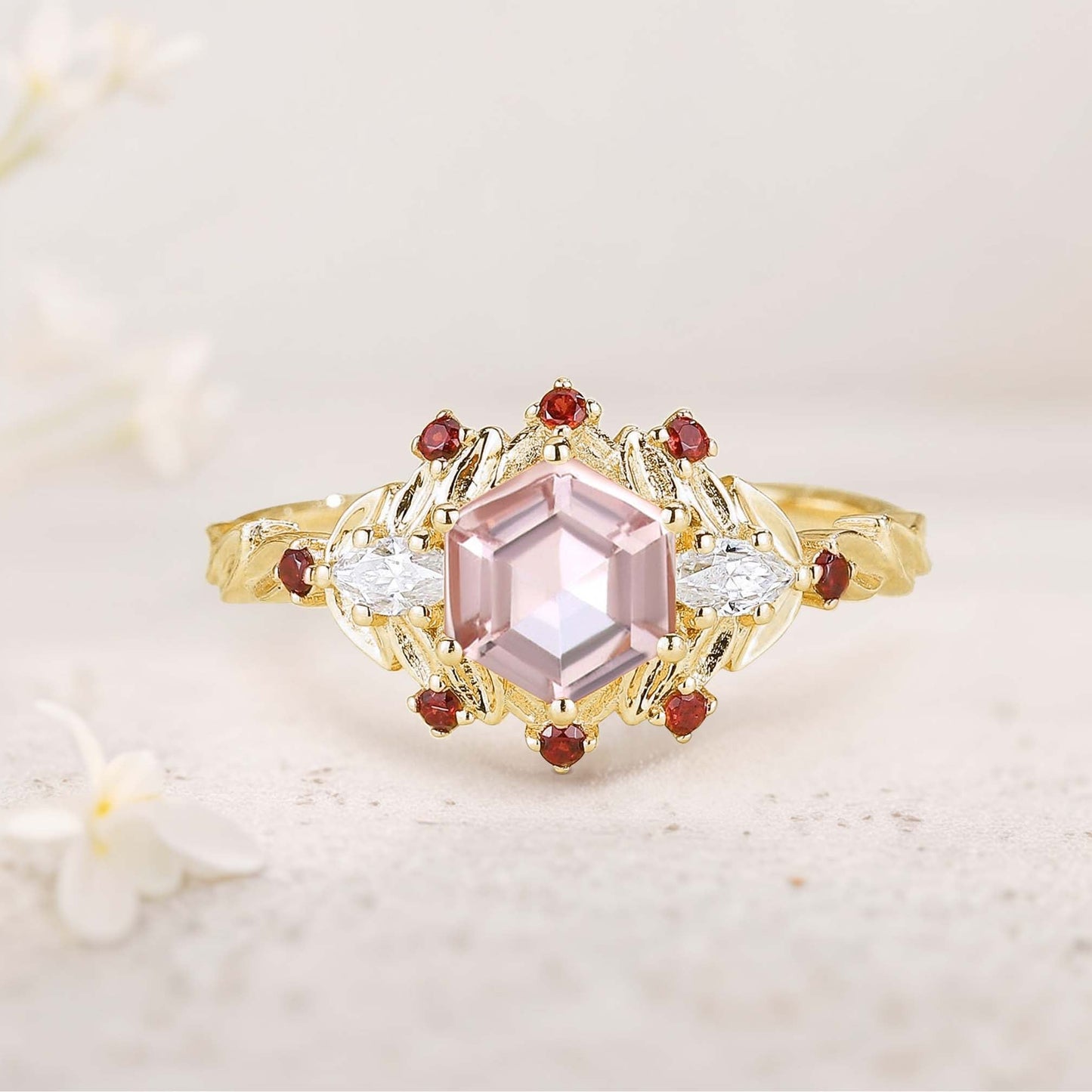 Unique floral engagement rings Hexagon Amethyst Flower Engagement Ring Leaf Wedding Ring For Women