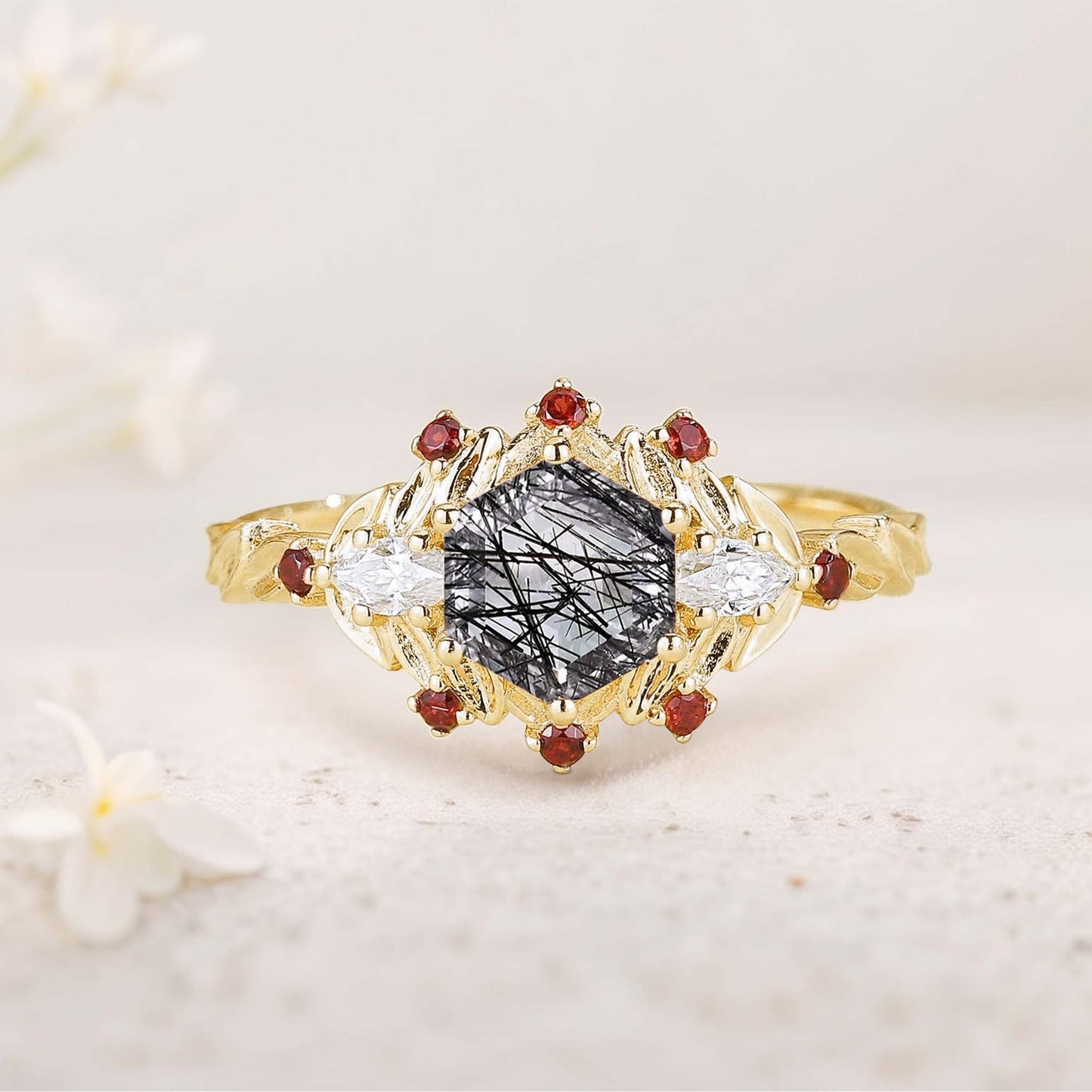 Unique floral engagement rings Hexagon Amethyst Flower Engagement Ring Leaf Wedding Ring For Women