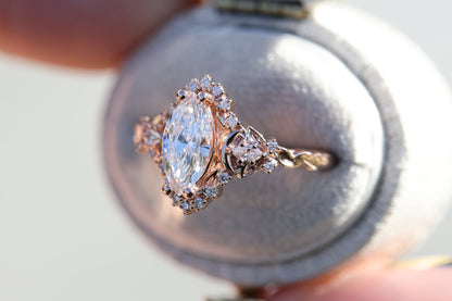 Unique floral engagement rings Moon three stone Half Halo Marquise Moissanite Ring