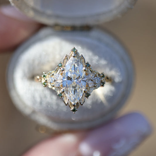 Unique Briar Rose Starlight Marquise Moissanite and Green Lab Sapphire Ring