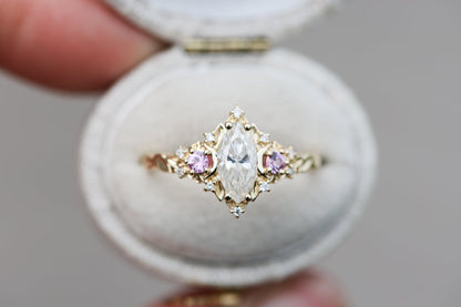 Unique floral engagement rings  Moon Three Stone Marquise Moissanite Ring