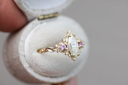 Unique floral engagement rings  Moon Three Stone Marquise Moissanite Ring