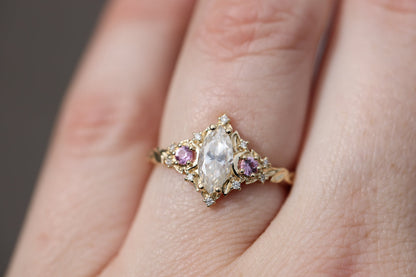 Unique floral engagement rings  Moon Three Stone Marquise Moissanite Ring