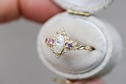 Unique floral engagement rings  Moon Three Stone Marquise Moissanite Ring