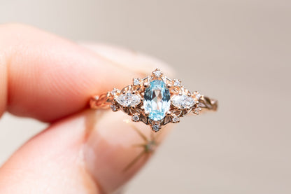 Unique Floral Rose Three Stone Oval Ring