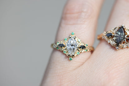 Unique Briar Moon Three Stone Marquise Moissanite and Lab Emerald Ring