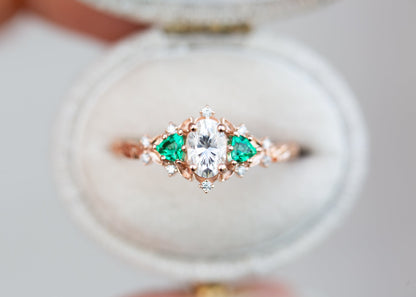 Unique floral engagement rings Rose Three Stone Oval Moissanite Ring