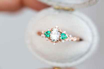 Unique floral engagement rings Rose Three Stone Oval Moissanite Ring