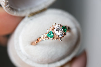 Unique floral engagement rings Rose Three Stone Oval Moissanite Ring