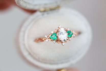 Unique floral engagement rings Rose Three Stone Oval Moissanite Ring