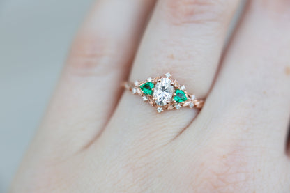 Unique floral engagement rings Rose Three Stone Oval Moissanite Ring