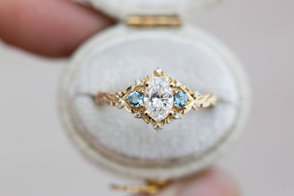 Unique floral engagement rings Rose Three-Stone Oval Moissanite and Topaz Ring