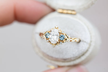 Unique floral engagement rings Rose Three-Stone Oval Moissanite and Topaz Ring